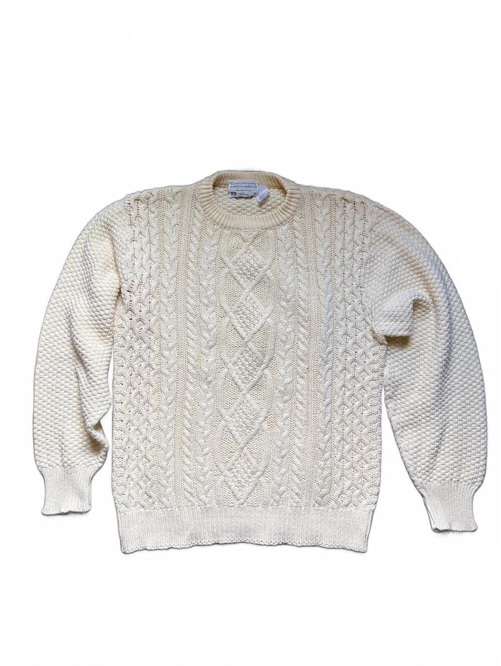 Vintage Lord Jeff Cable Knit Sweater 100% Cotton Made‎ USA Ivory Fisherman